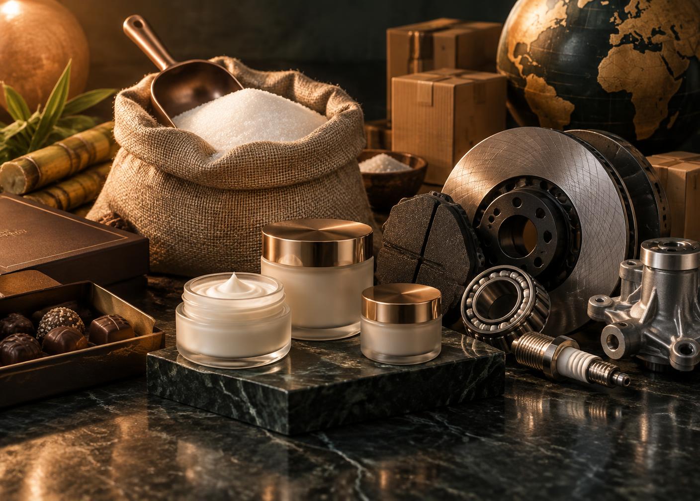 Cosmetics, sugar, confectionery and automotive components